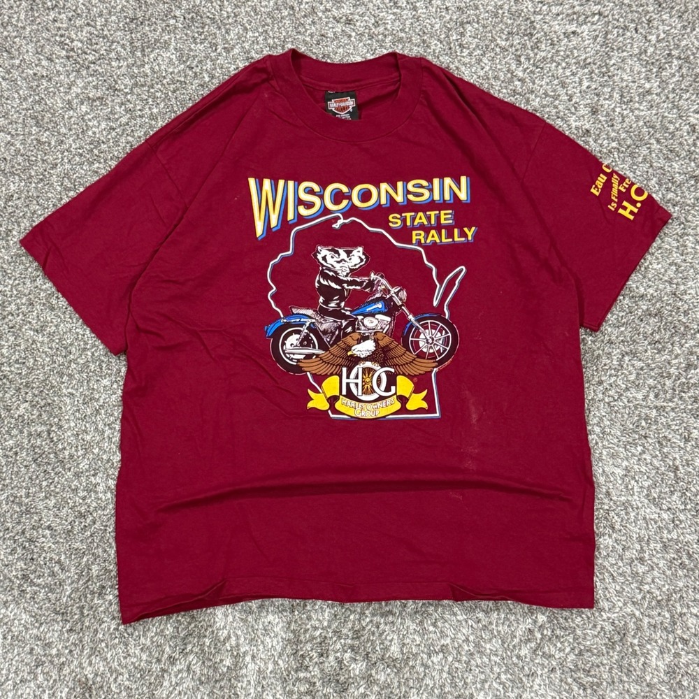 Vintage 90s Harley Davidson Wisconsin HOG State Rally T-Shirt Mens XL Maroon USA
